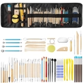 Clay sculpting tool set with various metal and wooden tools in a black canvas rolling pouch - 61-Piece Pottery Tool Set (Pencil Leather Bag Style)