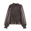 Women's honeycomb plaid long sleeve shirt with smocked chest and elegant puff sleeves - XS / Plaid