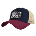 Marineblauwe en bordeauxrode truckercap met beige mesh en vis-Amerikaanse vlag patch - Verstelbaar 54-59 / Marine/Wijnrood/Beige