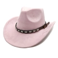 Detailed close-up of pink suede cowboy hat with brown leather band and stitching - M (56-58cm) / Light Pink