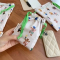 Close-up of drawstring cotton storage bag featuring cute cartoon bear print and green rope - Mini Size(15cm*18cm)