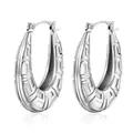 Silver stainless steel oval hoop earrings featuring an engraved Greek key pattern - Steel (MS-139)