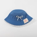 Blue cotton kids bucket hat with white lace trim and pearl bow accent for sun protection - CM8005 Pearl Lace Series / Dark Blue