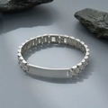 Minimalist silver watch-style stainless steel link bracelet with engravable metal plate - 10mm Steel-colored Curved Three-bead