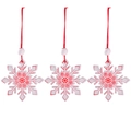 Set of three white wooden snowflake ornaments with red festive patterns and hanging cords - White Snowflake * 3