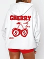 White drawstring hoodie featuring red cherry and billiard number 8 print on the back - S / White