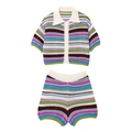 Colorful striped crochet knit polo top and matching shorts two-piece set in vibrant stripes - Blue Striped Set