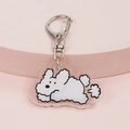 Cute acrylic cartoon white puppy keychain with silver lobster clasp on pink background - Running Dog