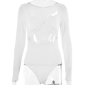 White long sleeve bodysuit featuring a front twist knot and sexy waist cut-out design - S / White