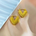Golden heart-shaped hoop earrings with hammered texture on elegant pink satin fabric - Hammered Heart Style (EH358)