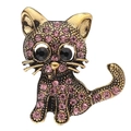 Exquisite gold-plated sitting cat brooch adorned with pink rhinestones and black stone eyes - Pink Cat B07587