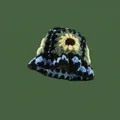 Handgefertigter Häkelhut in Schwarz mit gelben Sonnenblumen und blauem Wellenrand - M (56-58cm) / Schwarzer Sonnenblumenhut