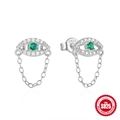 Elegant S925 sterling silver evil eye stud earrings with green zircon and chain tassels - 925 Silver / White Gold