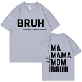 Heather gray t-shirt with BRUH MOM slogan print on front and back views - XS / Gray