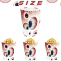 Size dimensions for big eye theme popcorn boxes with red eyeball prints for party decor - Popcorn Boxes 12PCS - Large Eyeball