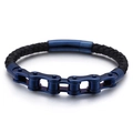 Street style woven black leather bracelet with blue metal bicycle chain and magnetic clasp - 19cm / Blue