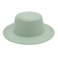Détail du chapeau canotier vert menthe en feutre de laine avec bord large et plat - 6.5cm Largeur de Bord / Dôme Vert Menthe