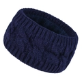 Close-up of navy blue cable knit winter headband with thick thermal fleece lining - Navy Blue
