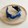 Crossed wide headband with Van Gogh Starry Night oil painting print in navy blue and yellow - Starry Blue