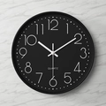 Modern black wall clock with white minimalist numbers and quartz movement, 20cm round - Black Frame Black Dial White Text
