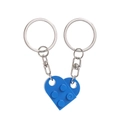 Blue heart-shaped building block couple keychain set with silver metal rings - Blue