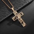 Religious golden hollowed cross necklace with Jesus portrait on black textured background - Gold