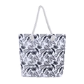 Black and white canvas tote bag with tropical parrot print and durable rope handles - Parrot Tropical Leaves