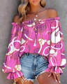 Detail of hot pink off-shoulder blouse with leopard print, chain patterns and flared sleeves - S / Pink Chain Leopard
