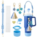 Blue handmade woven daisy strap with clover charm, cloud straw cap and silicone cup boot set - Blue Set
