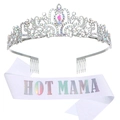Detail of crystal tiara and white 'HOT MAMA' sash for Mother's Day party outfits - White