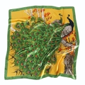 Detailed pattern of peacocks and flowers on a glossy yellow silk scarf with green edges - Elegant Green Peacock