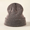 Pink and black striped ribbed knit beanie with fold-over cuff for winter warmth - Black Pink