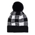 Detailed view of black and white checkered knit beanie with a fluffy faux fur pom-pom topper - Adjustable / Black White Plaid