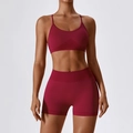 Conjunto de yoga granate sin costuras con sujetador deportivo y pantalones cortos de cintura alta - S / Sujetador + Pantalones Cortos / Rojo