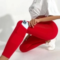 Leggings de yoga rojos de cintura alta con bolsillos laterales y malla calada - S / Rojo