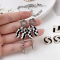 Elegant silver tassel earrings with black and white checkerboard floral pattern - Semi Circle Flower Tassel Earrings