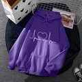 Purple fleece hoodie with white heart print and drawstring pocket in a flat lay style - S / Tops / Purple