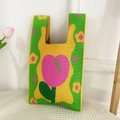 Green and yellow knitted tote bag with pink tulip pattern and floral heart accents - Green Cute Tulip