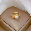 Elegant gold crown ring with a round pearl and zircons, adjustable open band style - Adjustable Open / Real Gold Plated (G429)