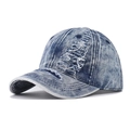 Vintage distressed blue denim baseball cap with stylish ripped holes and curved brim - Adjustable / Denim Navy Blue
