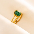 Macro detail of a double-row gold steel ring with a green rectangular malachite stone - Gold-Green Malachite