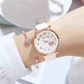 Elegant rose gold heart watch with white leather strap and matching crystal cuff bracelet - With Heart Bracelet / White