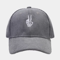 Detailed view of grey corduroy baseball cap with white bone gesture embroidery - Adjustable / Gray