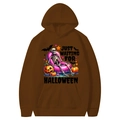 Brown Halloween hoodie featuring pumpkin and skull print with Just Waiting for Halloween text - Coffee
