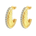 Hammered golden hoop earrings with sparkling clear crystals and 18K gold plating - Hammered Texture Rhinestone Inlay (MS-465)