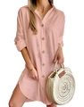 Detailed view of women's casual linen shirt dress with amber buttons and curved hemline - Pink