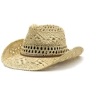 Detail of hollow hand-woven straw hat with western style and brown leather band - M(56-58cm) / Beige (01)