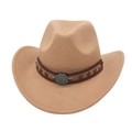 Detail of western cowboy hat featuring leather band with vintage metal flower and star studs - Camel