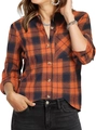 Women's classic orange plaid long sleeve button shirt with pocket on white background - S / Orange Red