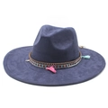 Deep purple wide brim felt fedora hat with ethnic woven band and colorful tassels - M (56-59cm) / Navy Blue